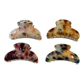 Ladies Gold colour plated acrylic clamps with a marbled animal print effect in 4 assorted colours .

Available as a pack of 12 assorted .

Size approx 9.5 cm.