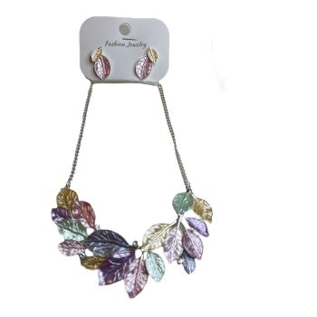 Ladies enamel leaf design necklace and earring set .

Available in Ble tone ,Pink tone, and Pastel multi.

Sold as a pack of 3 per colour or 3 assorted .