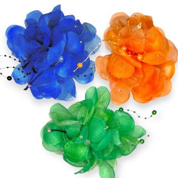 Pretty hair flower with imitation crystals and pearls with genuine crystal stones on silky cord .

Can be worn in the hair or as a brooch .

Available in Orange , Emerald Green ,and Royal Blue .

Sold as a pack of 3 per colour or 3 assorted .

Siz