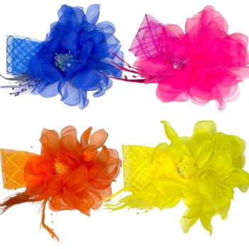 Large Hair Flower trimmed  With Immitation seed pearls  Genuine crystal ab stones and feathers.

Available in Royal Blue ,Hot Pink ,Orange and Yellow.

Sold as a pack of 3 per colour or 4 assorted.

Size approx 16 x 15 cm