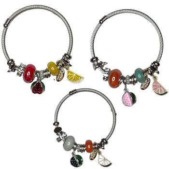 Ladies 3 d enamelled  watermelon charm bangle with assorted coloured fruit charms and glass  pearlised beads .Some of the charms have genuine crystal stones.

Available in Yellow multi ,White multi ,and Baby Pink multi.

One size fits all

Sold as a