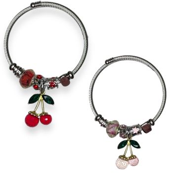 ladies Rhodium plated cherry adjustable charm bangle with assorted glass beads and crystal stones .

Available with Red Cherries orPink Cherries .

Sold as a apck of 3 per colour or 4 assorted .

One size fits all .