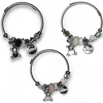 ladies Rhodium plated Teddy Bear adjustable charm bangle with assorted glass beads and crystal stones .

Available in Black White And Baby Pink .

Sold as a pack  of 3 per colour or 3 assorted .

One size fits all .