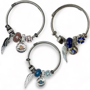 Ladies rhodium plated eye amulet bracelet with assorted charms embelished with crystal stones.

available in Royal Blue ,Baby Pink and Turquoise .

Sold as a pack of 3 per colour or 3 assorted .

One size fits all with this flexible bangle .