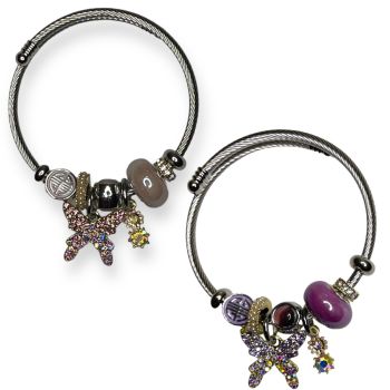 Ladies Rhodium colour plated bangle with assorted charms including a gold colour plated Butterfly with genuine crystal stones and a mixture of charms that are enameled or that have glass beads or diamante stones .

Available Light Rose /ab or Tanzanite 