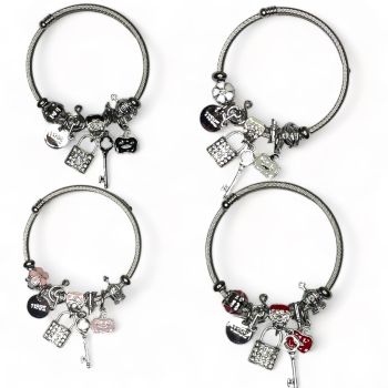 Ladies Rhodium colour plated bangle with assorted charms including a Silver Colour  plated padlock with diamante stones and a silver colour plated key.

In additition it has a mixture of metal and enamel charms including  a music note , crown ,apple ,da