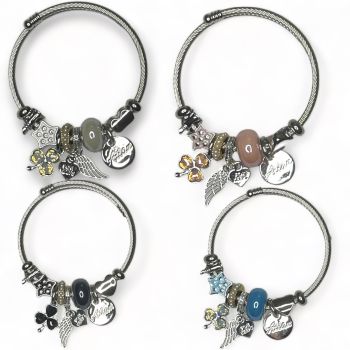 Ladies Rhodium colour plated bangle with assorted charms including a Silver colour plated Shamrock with genuine crystal stones..

In additition it has a mixture of charms including an enamel star ,glass shambala stye beads ,a silver plated heart and an 