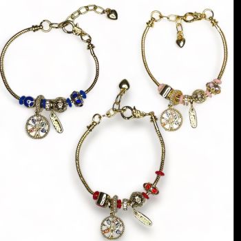 Ladies gold colour plated charm bracelet with asorted charms, including a gold colour plated tree of life with enameled detail and an assortment of charms with imitation pearls ,enamel  ,and genuine crystal stones .

Available in Royal Blue ,Baby Pink a