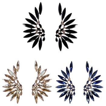 Ladies gold colour plated  diamante feather design earrings with genuine crystal stones .

Available in Montana ,Jet ,and Clear .

Sold as a pack of 3 per colour or 3 assorted .

Approx size 5 x 2 cm