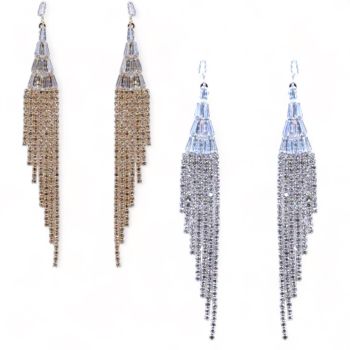 Ladies diamante drop earrings with genuine crystal stones .

Available in Gold colour plating or Silver colour plating .

Sold as a pack of 3 per colour or 4 assorted .

Size approx 11 cm long 