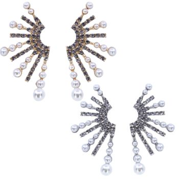 Ladies diamante earrings with genuine crystal stones and imitation pearl detail.

Available in Gold colour plating with Black Diamond crystal stones and white imitation pearls,or rhodium colour plated with Clear crystal stones and imitation white pearl 