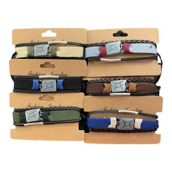 Boys / Mens adjustable leather look  and Fabric Friendship bracelet with metal  motif.

looks like three bracelets in one .

Available in Khaki ,Beige ,Grey and Royal .

Colours may vary 

Size 2.5 Cm wide .