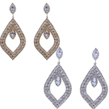 Ladies large diamante drop earrings with genuine crystal stoness and Cubic Zircona  .

Available in Gold colour plating or Rhodium colour plating .

Sold as a pack of 3 per colour or 4 assorted .

Size approx 8 x 4 cm