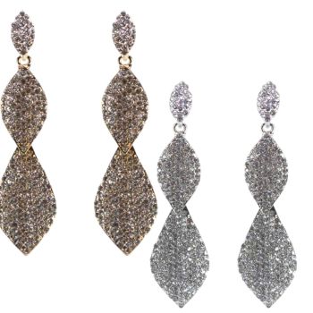 Ladies Diamante clip on drop earrings with genuine crystal stones .

Available in Gold colour plating or Rhodium Colour Plating .

Sold as a pack of 3 per colour or 4 assorted .

Size approx  8 x 2 cm