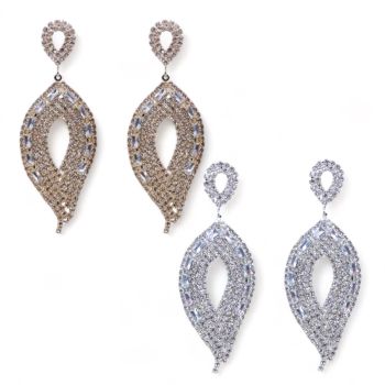 Ladies  diamante Leaf shape drop earrings with genuine crystal stones .

Available in Gold Colour plating or Rhodium colour plating .

Sold as a pack of 3 per colour or 4 assorted .

Size approx 8 x 3 cm 