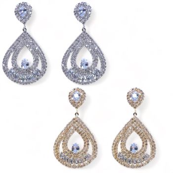 Ladies diamante drop pierced earrngs with a mixture of genuine crystal stones and cubic zircona stones.

Available in Gold colour plated or Rhodium colour plated.

Sold as a pack of 3 per colour or 4 assorted.

Size approx 7 x 3.5 cm