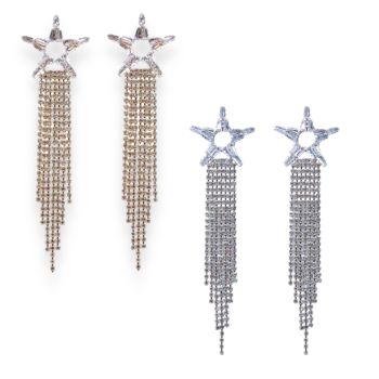 Ladies diamante chandalier stlye Star  drop earrings with genuine small crystal and emerald cut stones.

Available in Rhodium  colour plating and gold colour plating.

sold as a pack of 3 per colour or 4 assorted .

Size approx 9 x 3cm