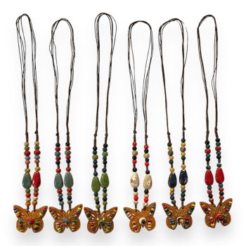 Ladies  wooden butterfly  necklace with ceramic beads .

Easy to put on as goes over the head .

Availabe in Cream Multi ,Navy Multi. Olive Multi ,Turquoise Multi ,Rust Multi and Multi .

Sold as a pack of 3 per colour or 6 asorted .

Length  appr