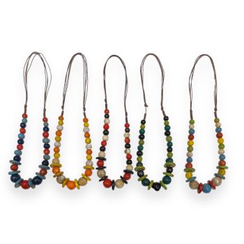 Ladies ceramic bead necklace on an adjustable cord so you can put it over the head and make it different lengths to suit by simply sliding the cord .

Available in Blue/ Rust tone ,Green tone ,Orange /Mustard tone ,Brown tone ,and Turquoise multi .


