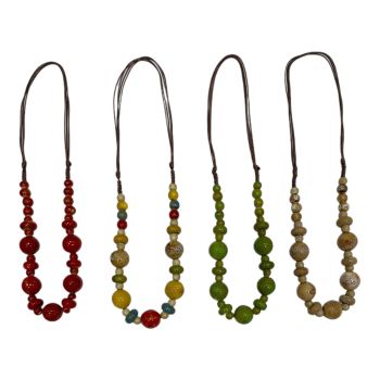 Ladies ceramic bead necklace on an adjustable cord so you can put it over the head and make it different lengths to suit by simply sliding the cord .

Available in Red ,Beige ,Olive and Multicolour .

Sold as a pack of 3 per colour or 4 assorted.

L