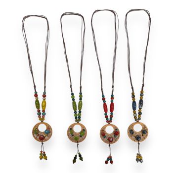 Ladies ceramic bead necklace with a wooden circular motif 

Available in Brick/Teal ,Olive /Bottle Green ,Grey / Mustard and Multicoloured .

Sold as a pack of 3 per colour or 4 assorted.

Length of cord without pendant  is 26 inch and pendant size 