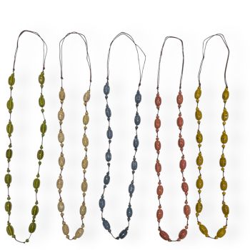 Ladies long adjustable cord necklace with hand made oval  ceramic beads .

Available in 5 colours ,Beige ,Mustard ,Olive Green ,Denim Blue ,and Dusky Pink .

Sold as a pack of 3 per colour or 5 assorted .

Total length Approx 46 inches ,shortest len