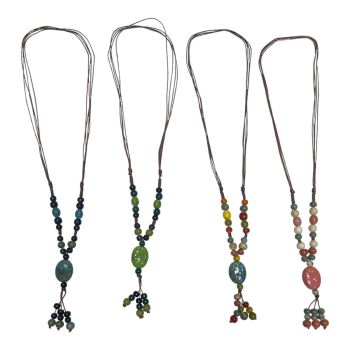 Ladies adjustable cord necklace with hand made  ceramic Beads.

Availabe in 4 colours Green Multi ,Pink Multi ,Turquoise Multi and Turquoise Navy .

Sold as a pack of 3 per colour or 4 assorted .

Length at longest including pendant 54 inches and at