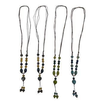 Ladies adjustable cord necklace with hand made  ceramic Beads.

Availabe in 3 colours Green Multi ,Turquoise ,Navy and Navy Mustard .

Sold as a pack of 3 per colour or 3assorted .

Length at longest including pendant 54 inches and at shortest  appr