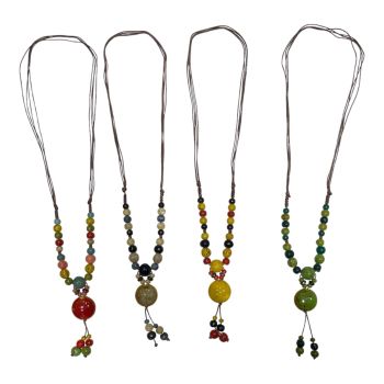 Ladies adjustable cord necklace with hand made  ceramic Beads.

Availabe in 4 colours Green tone ,Beige tone ,Mustard and Brick multi.

Sold as a pack of 3 per colour or 3assorted .

Length at longest including pendant 54 inches and at shortest  app