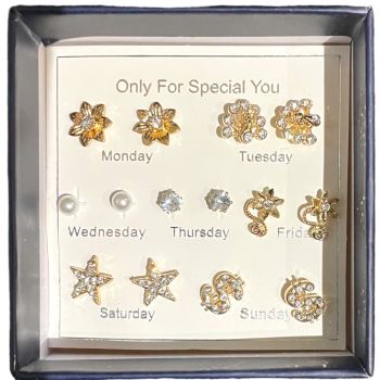 Boxed earring offer in a navy square quality gift box with 7 pairs of pretty stud earrings with a mixtute of cubic zircona and genuine crystal stones .

Earrings are for pierced ears .

Sold as a pack of 6 

Box closed  measures 8.5 x 8.5 x 3.5 cm
