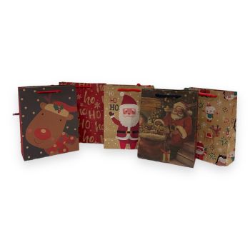Medium Size brown paper recyclable Christmas paper gift bag in 5 assorted Christmas designs with a cord handle .

Sold as a pack of 12 assorted .

Size approx 19 x 24 x 8 cm .

Discount available  in quantity .