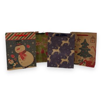 Medium Size brown paper recyclable Christmas paper gift bag in 4 assorted Christmas designs with a cord handle .

Sold as a pack of 12 assorted .

Size approx 19 x 24 x 8 cm .

Discount available  in quantity .