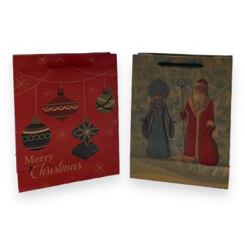 Medium Size brown paper recyclable Christmas paper gift bag in 2 assorted Christmas designs with a cord handle .

Sold as a pack of 12 assorted .

Size approx 19 x 24 x 8 cm .

Discount available  in quantity .