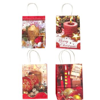 Assorted medium  sized recyclable  paper Christmas gift bags in assorted candle  designs with rafia  carry handle .

Sold as a pack of 12 assorted .

Size approx 15 x 21 x 18.

Discount in quantity .
