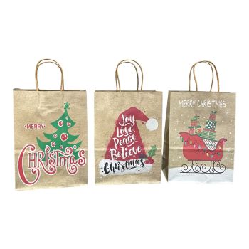 Assorted large   sized recyclable  paper Christmas gift bags in assorted christmas designs with rafia  carry handle .

Sold as a pack of 12 assorted .

Styles may vary slightly from those shown .

Size approx 18.5 x 25.5 x 5x9.5

Discount availabl