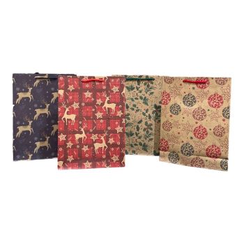Extra large size recyclable paper Cristmas gift bag in 4  assorted Christmas prints.

Sold as a pack of 12 assorted .

Prints may vary slightly from those shown.

Discount in quantity .