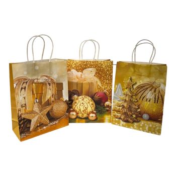 Medium  size recyclable paper Cristmas gift bag in 3  assorted Christmas prints.

Sold as a pack of 12 assorted .

Prints may vary slightly from those shown.

Discount in quantity .