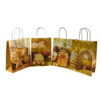 Medium  size recyclable paper Cristmas gift bag in 4 assorted Christmas prints.

Sold as a pack of 12 assorted .

Prints may vary slightly from those shown.

Discount in quantity .

Size approx 15 x 21 x 8 cm.
