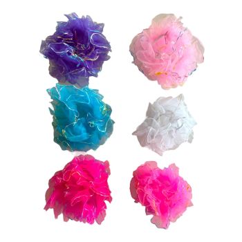 Girls chiffon Summer pastel  scrunchies with an iridescent edge.

Scrunchies are available in Neon Pink , Barbie Pink ,Baby Pink ,Lilac ,Turquoise and White  and are 2 pcs on a hanging card for easy sale .

sold as a pack of 12 pairs assorted .