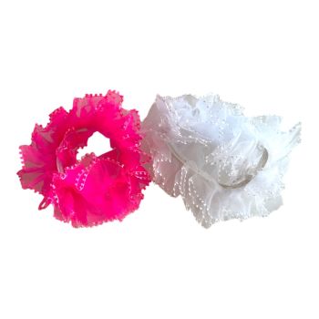 Girls chiffon assorted summer   scrunchies with a pretrtry  edge.

Scrunchies are available in White and Hot Pink and White and Red and  are 2 pcs on a hanging card for easy sale .

sold as a pack of 12 pairs assorted .