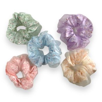 Pretty Organza double layer scrunchies in a floral design.

Available in Cream ,Baby Pink ,Lilac, Baby Blue, and Sage Green..

Sold as a pack of 10 assorted .