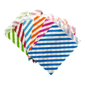 Assorted Bright   Candy stripe  paper gift bags also suitable as party bag or sweet bags .

Available in Bright Green ,Red ,Turqoise ,Orange ,Fuchsia ,and Royal Blue .

Sold as a pack of 600

size approx 13 x18 c

Discount available in quantity .