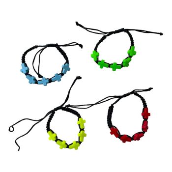 Unisex cord friendship bracelet with brightly coloured crosses .

Available In Turquoise ,Red ,Neon Yellow and Neon Green.

Sold as a pack of 12 assorted .