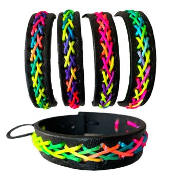 Unisex Black leatherette  friendship bracelet on an adjustable cord bracelet with a multicoloured neon cord cross stitch design.

Available in assorted rainbow neon colours .

Sold as a pack of 12 assorted .