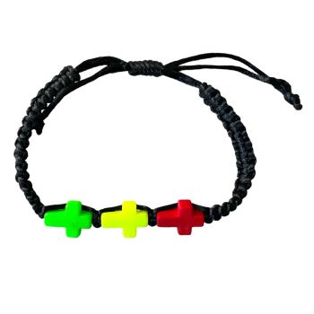 Unisex cord friendship bracelets with  multicouloured acrylic crosses .

Available in Red ,Neon yellow and Neon Green multi 

Sold as a pack of 12  .