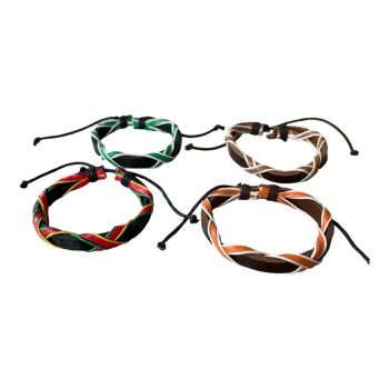 Gents leather friendship bracelets with a multicoloured leatherette criss cross design in assorted colours.

Bracelets are  assorted Black and Brown with assorted coloured trim.

Sold as a pack of 12 assorted .