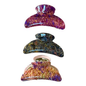 Ladies Gold colour plated clamps with a pearlized multicoloured marble effect .

Available as a pack of 6 in 3 assorted colours .