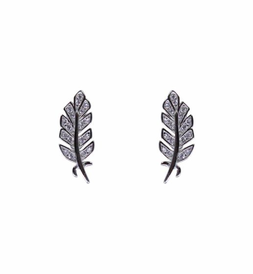 Rhodium plated sterling Silver feather design stud earrings with Clear cubic zirconia stones.
