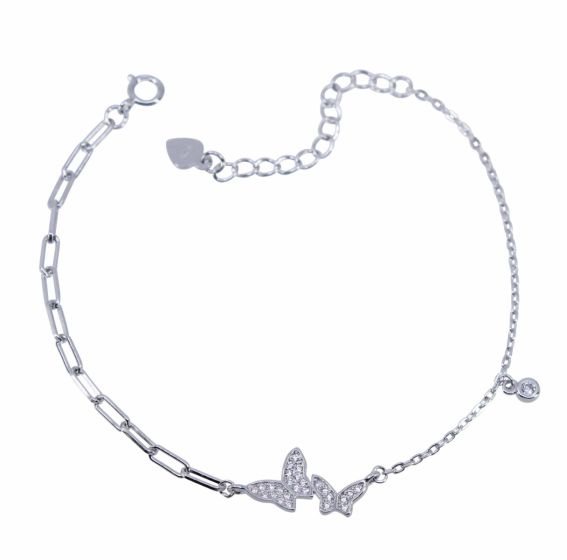 Rhodium plated sterling Silver butterfly design bracelet with Clear cubic zirconia stones.
